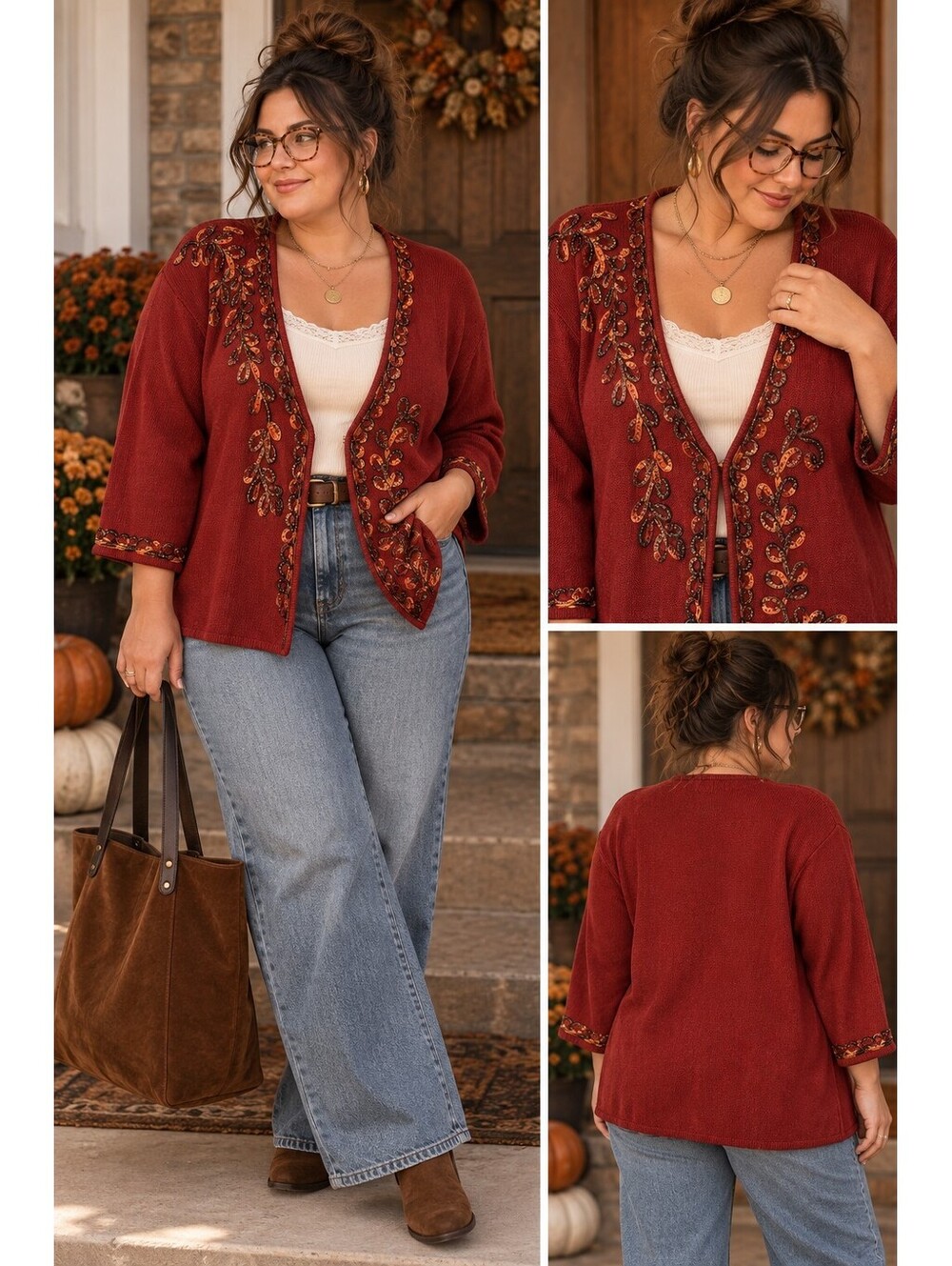 Coldwater Creek Beaded Cardigan Womens XL Burgundy Floral Embellished Boho Knit - Picture 1 of 8